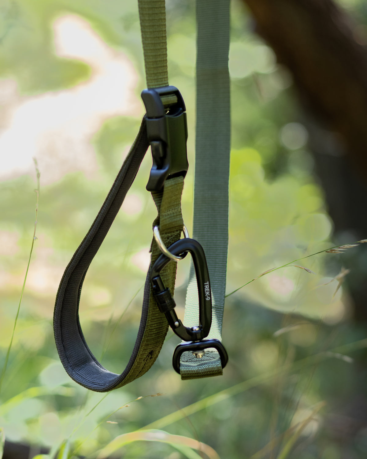Green Adjustable and hands-free dog leash, featuring a swivel carabiner, high strength side release buckle, nickel plated d-ring, and high strength nylon webbing. 